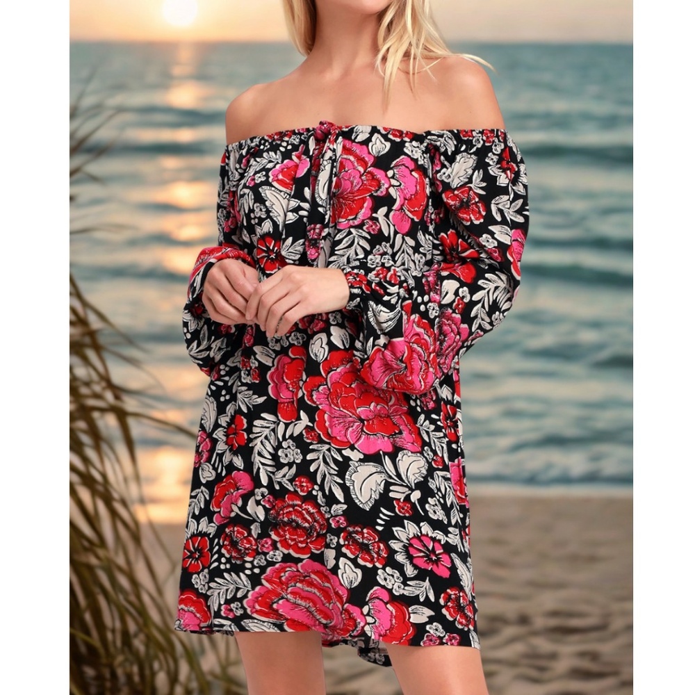 Billabong Lovely Red, Pink, Grey Floral Long Sleeve Lightweight Dress